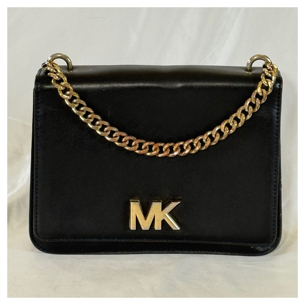 Michael Kors Whitney Black Leather Top Handle Flap Bag Gold Chain MK